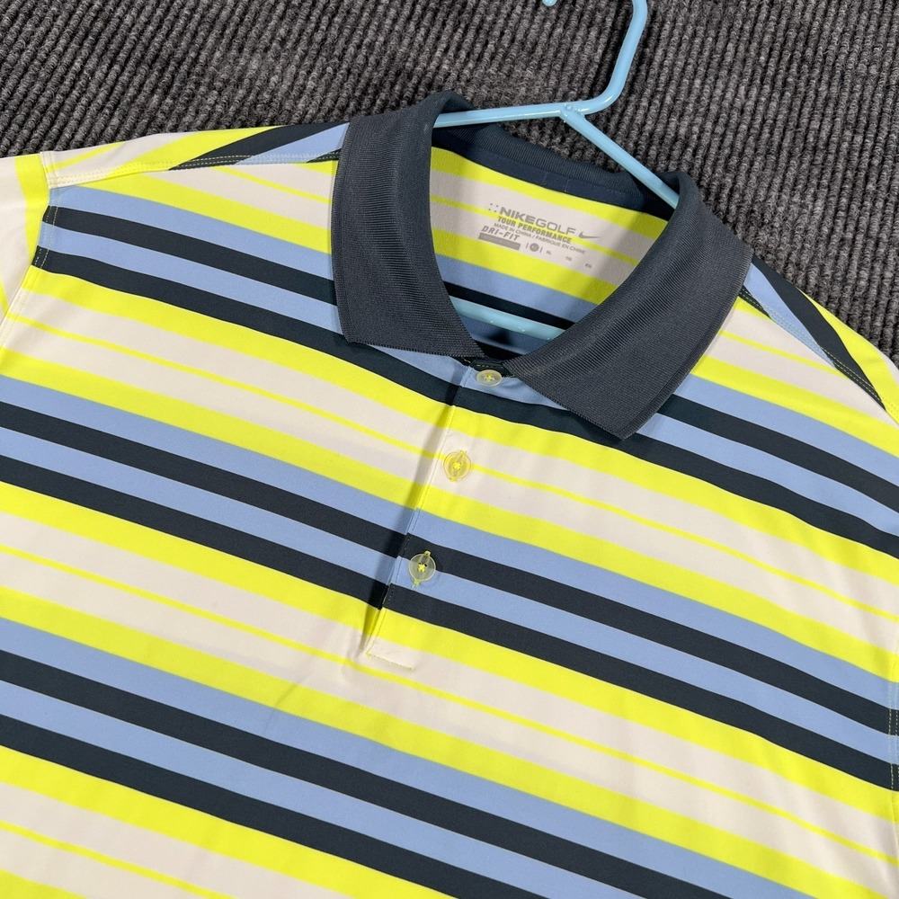 Nike Golf‎ Tour Performance Polo Shirt Mens XL Yellow Blue Striped Dri Fit